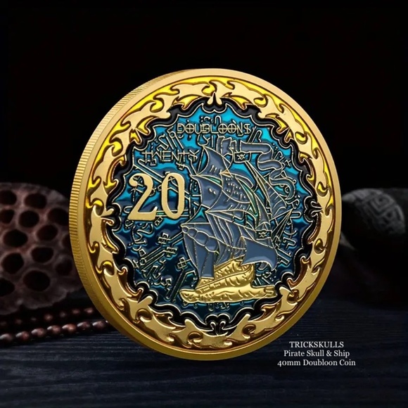 Pirate Skull Ship Enamel Doubloon Coin in Glass Locket & Custom Wheat Link Chain - Picture 5 of 10